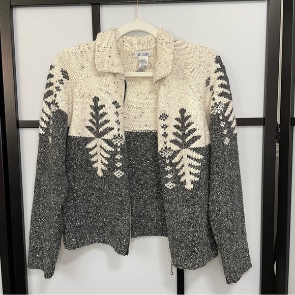 [M] Vintage Creme, Brown & Grey Speckled Winter Forest Zip-Up Knit Sweater Women - Picture 5 of 14